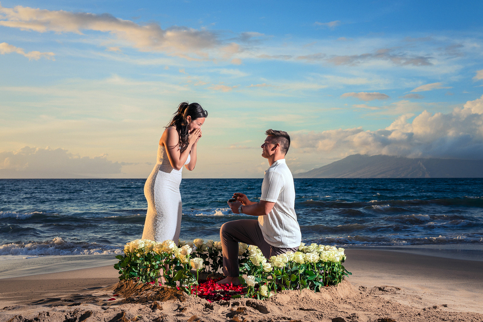 Romantic engagement portrait along the Wailea shoreline