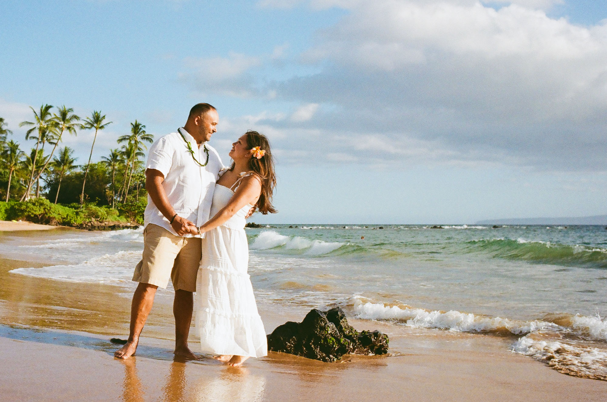 A couple photographed at Mokapu Beach in Wailea on Kodak Ektacolor 160 film