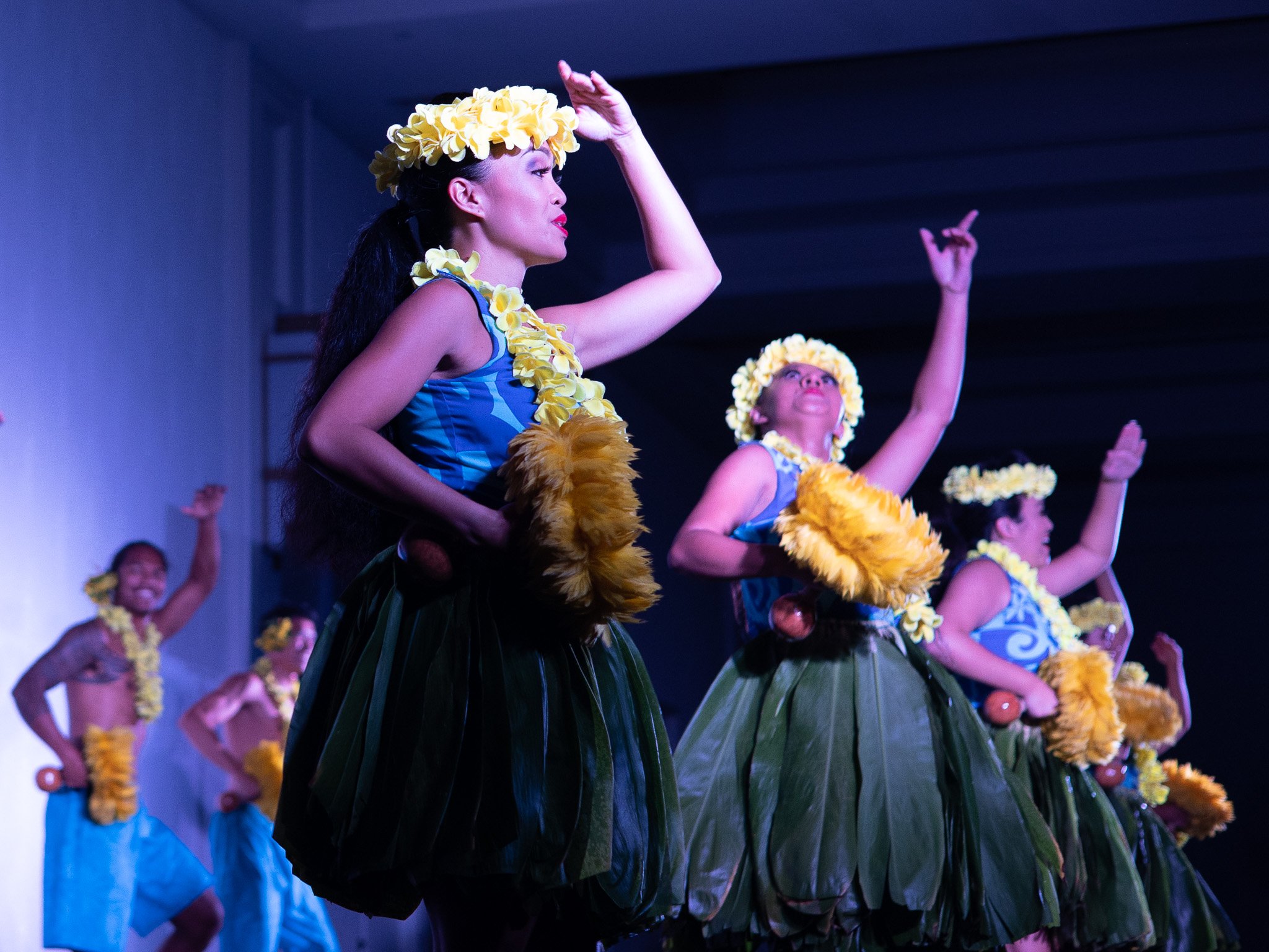 Hula dancers in floral lei and traditional performance attire during an evening lūʻau